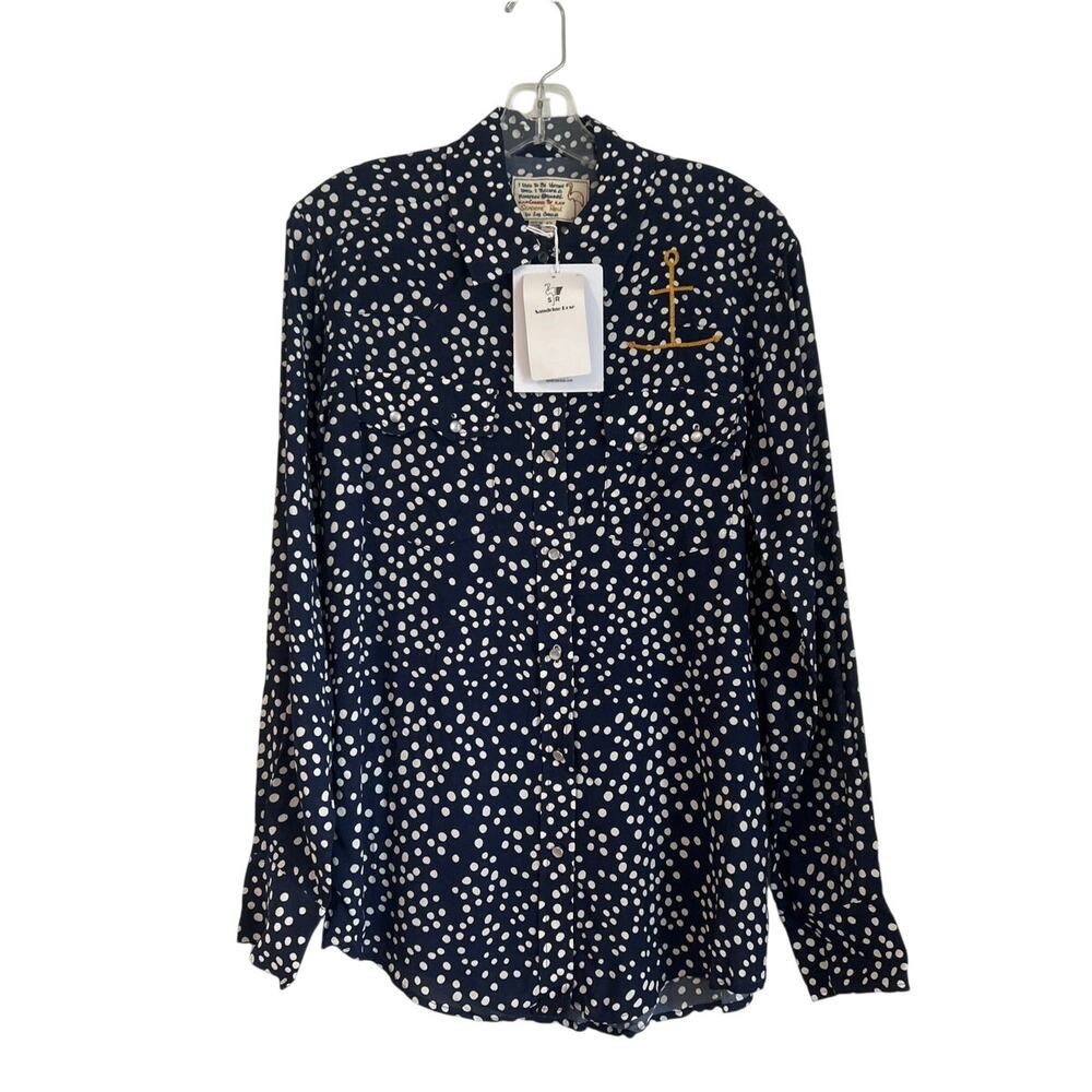 NWT Sandrine Rose Polka Dot Button Down Shirt Navy/White, Womens S